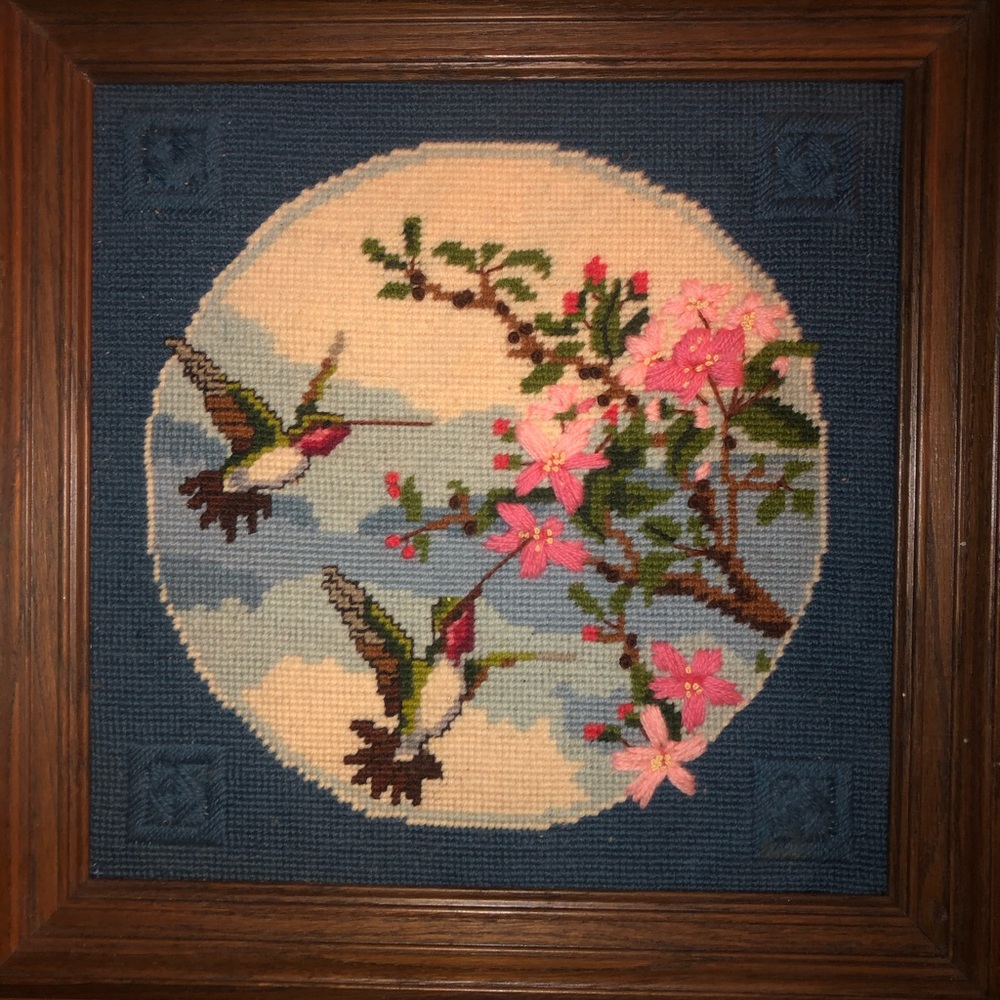 Cross stitched hummingbird picture frame